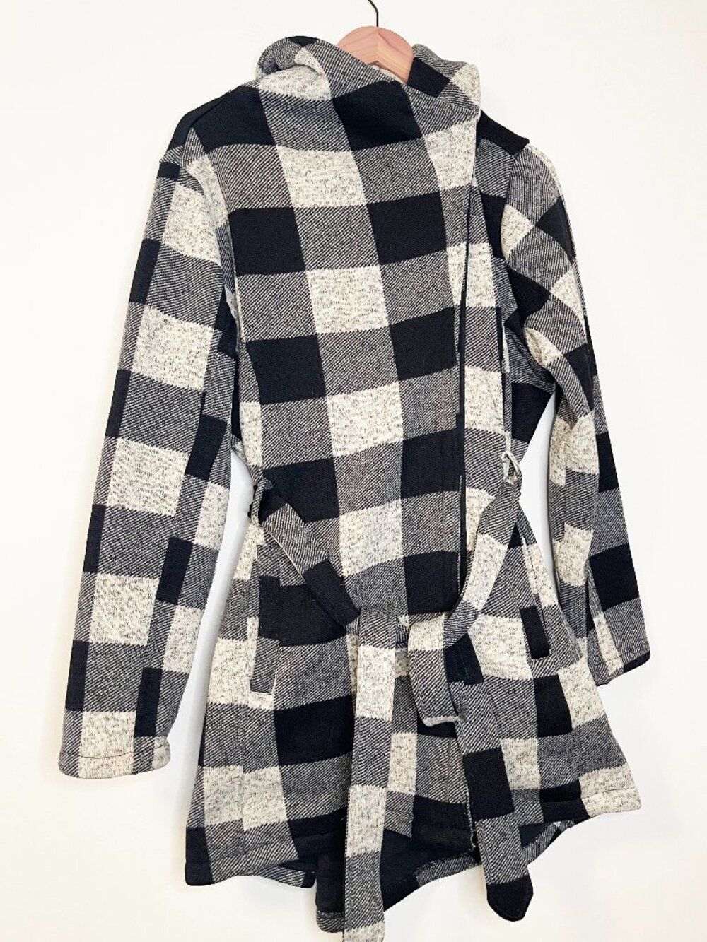 Steve Madden 1X Buffalo Plaid Belted High Neck Coat Black White